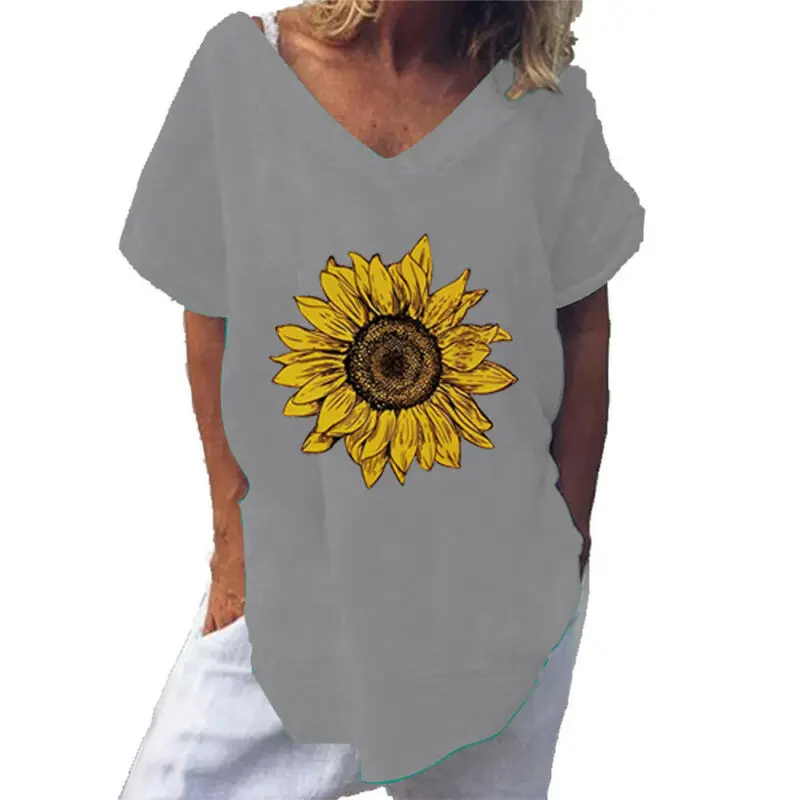

Plus Size Women's Sunflower V-neck Top Short Sleeve Loose T-shirt Summer Blouse
