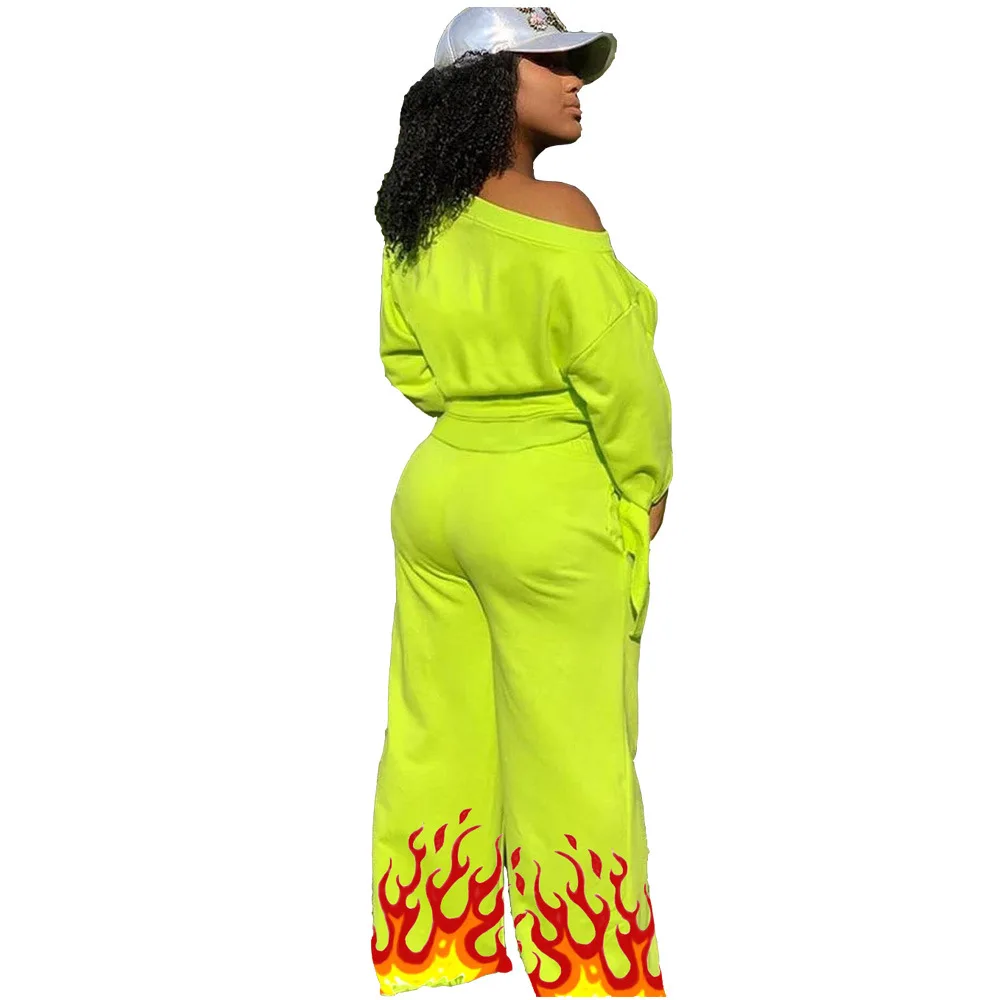 

Round Neck Long Sleeve Tie a knot Sexy Loose Tops Plus Size Flame Print Floor-Length Long Pants Hip Hop Streetwear 2 Piece Sets