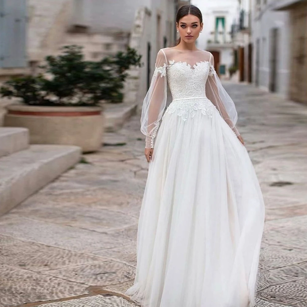 

Vestidos Sexy Wedding Dresses Organza Illusion Appliques Bateau Full Sleeve Covered Button A-Line Bridal Gowns Novia Do 2021
