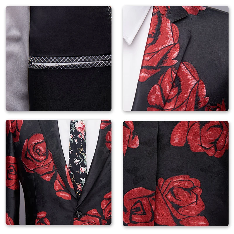 Мужские костюмы с принтом красных роз yunклос Свадебный приталенный ужин женские