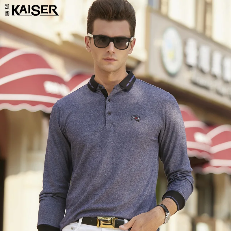 

Caesars Men's 2021 Spring and Autumn New Middle-aged Long-sleeved Polo Shirt Solid Color Business Lapel Pullover T-shirt Men
