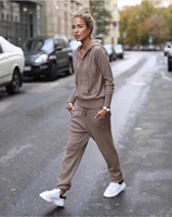 2020 time limited wool full winter new cashmere two piece womens casual hooded sweater knit trousers 2 piece suit female zipper