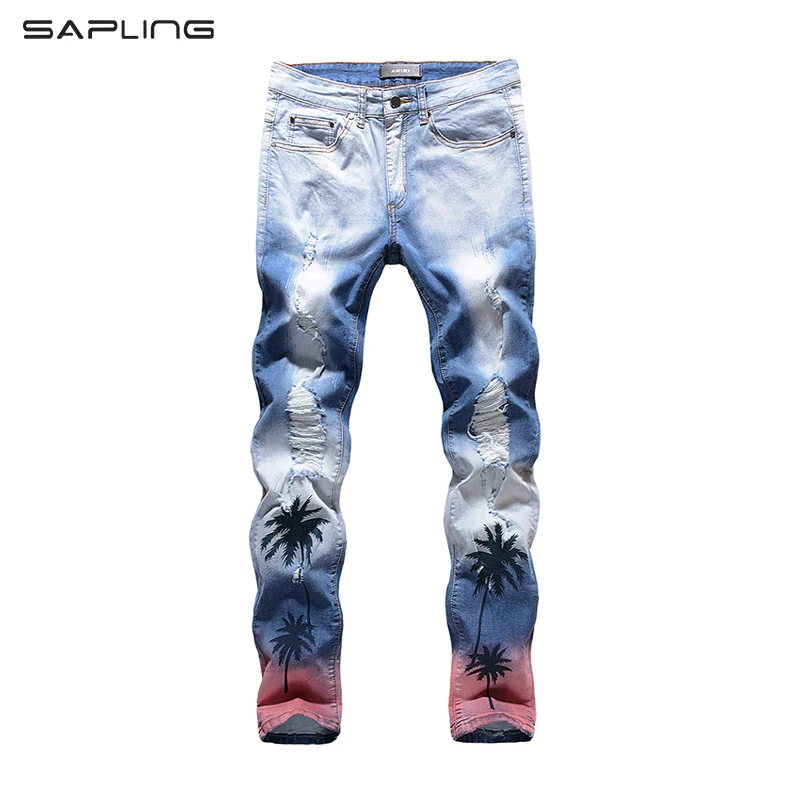 

Hip Hop Coconut Tree Digital Printed Jeans Men's Washed Slim Designer Jeans Pants Men Big Size Tropical Pattern Male Denim Jeans