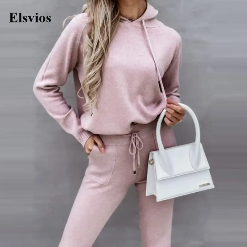 

Женский комплект из двух предметов, повседневный Топ с длинным рукавом и спортивные брюки, однотонный костюм с капюшоном, Осень-зима