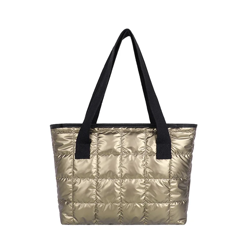 

Winter Tote Bag Women Commute Space Padded Down Bag Large Capacity Female Solid Color Quilted Plaid Nylon Shoulder Handbags 2023