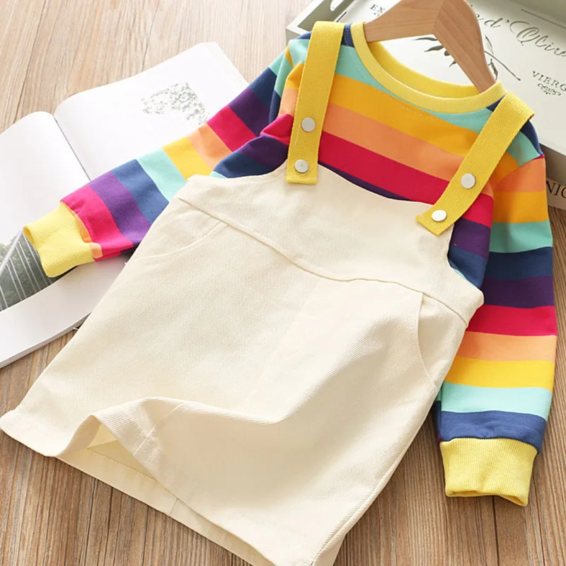 AH040 yellow Осенние комплекты одежды для маленьких девочек одежда с крыльями костюмы футболка с радугой платье на бретелях Детский Рождественский костюм из 2 предметов - Цвет: AH040 yellow