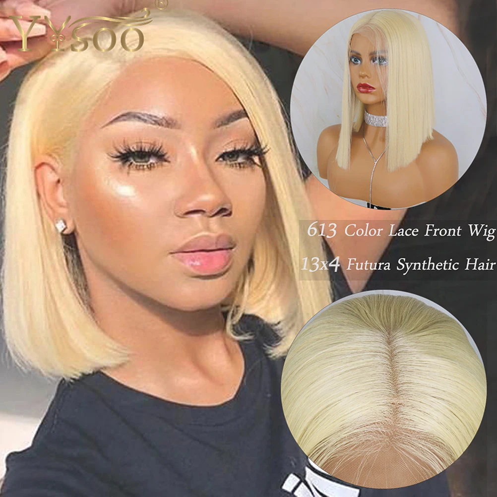 YYsoo 613# Blonde Short Glueless 13x4 Synthetic Lace Front Wigs For Women Japan Futura Straight Heat Resistant Short Cut Bob Wig