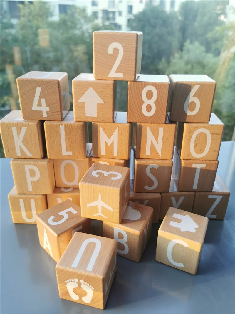 

26pcs Kids Montessori Wooden Toys Big Beech Alphabet Blocks Stacking Letter Numbers Cube Bricks Early Learning Gifts Children