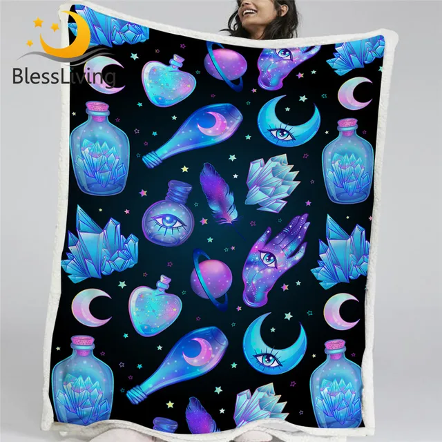 BlessLiving Magic Blankets For Bed Witchcraft Plush Blanket Moon Crystal Bottles Throw Blanket Psychedelic Bedding Alchemy Manta 1