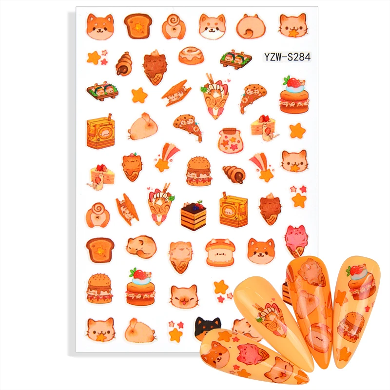 

Stickers for Nails Cute Cat Bear Biscuits 3D Nail Sticker Sliders Decals Rose Flowers Design Manicure Decorations Accessories
