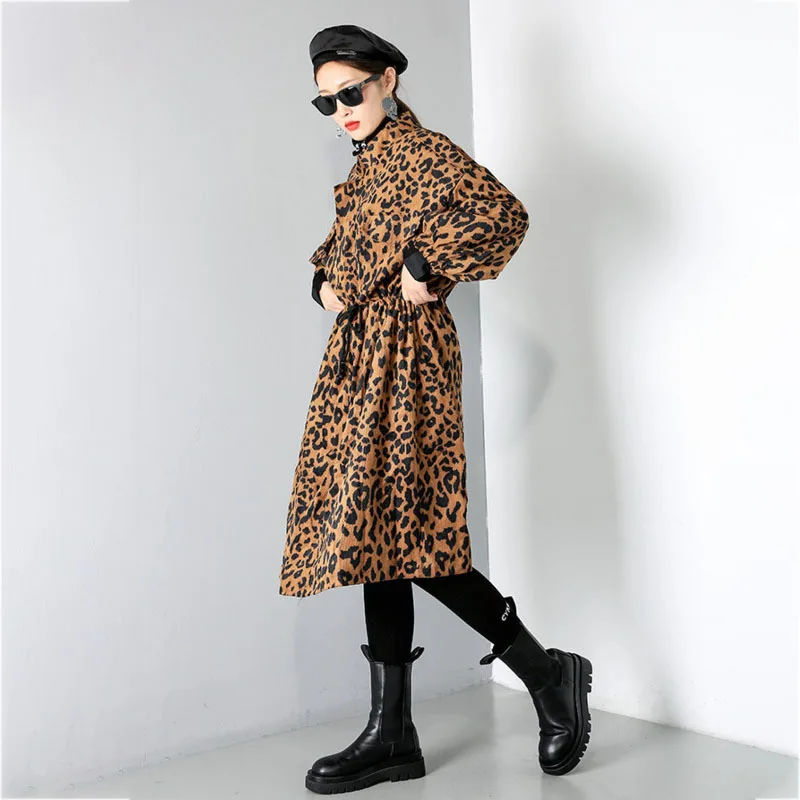 

Leopard Big Women Size Trench New Stand Collar Long Sleeve Loose Fit Windbreaker Fashion Tide Autumn Winter 2021 1DD1691