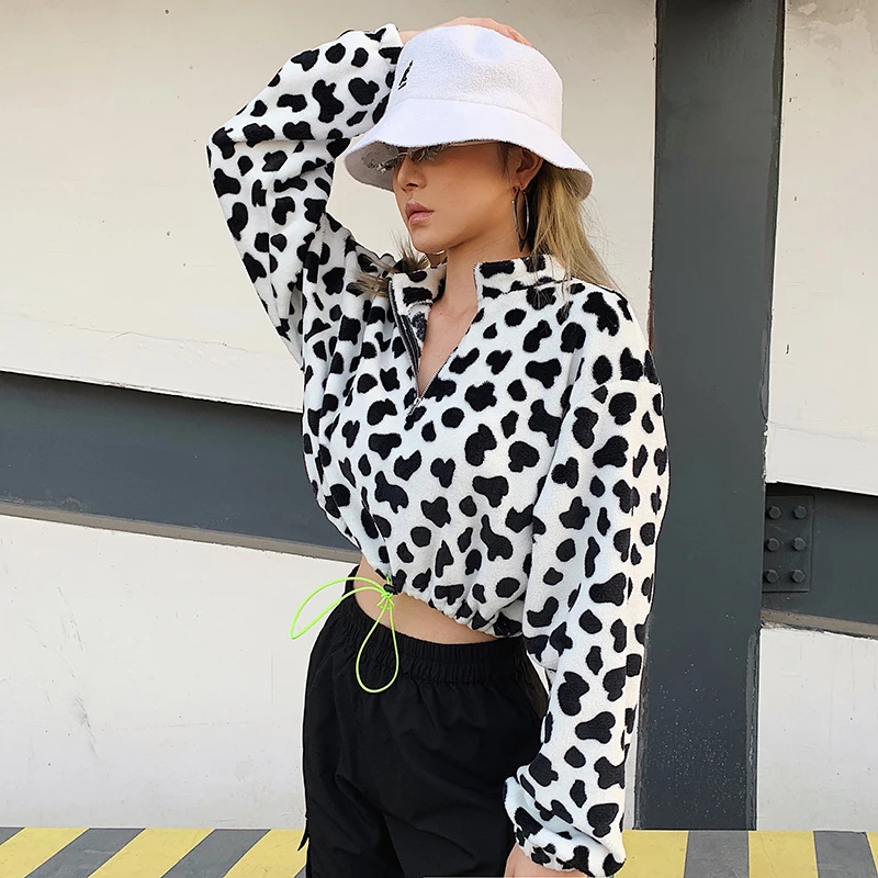 HEYounGIRL Cow Print Black White Crop Sweatshirt Women Casual Long Sleeve Pullover Hoodie Zipper Drawstring Autumn Winter Street