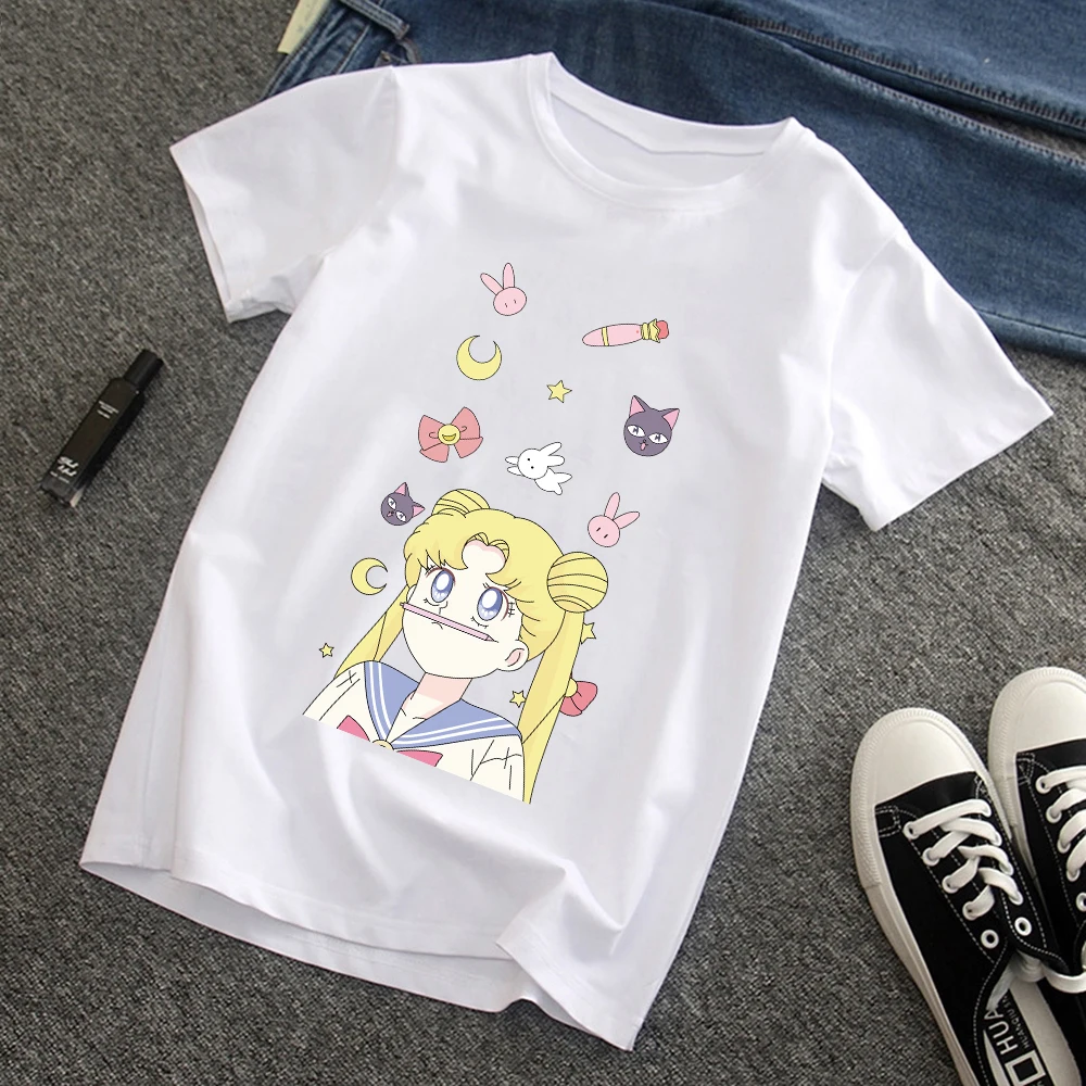 

New Sailor Moon T-Shirt Summer Tops Women Anime Short Sleeve Print Kawaii Girl Cute Casual Clothes Cartoon Harajuku Tees Femme
