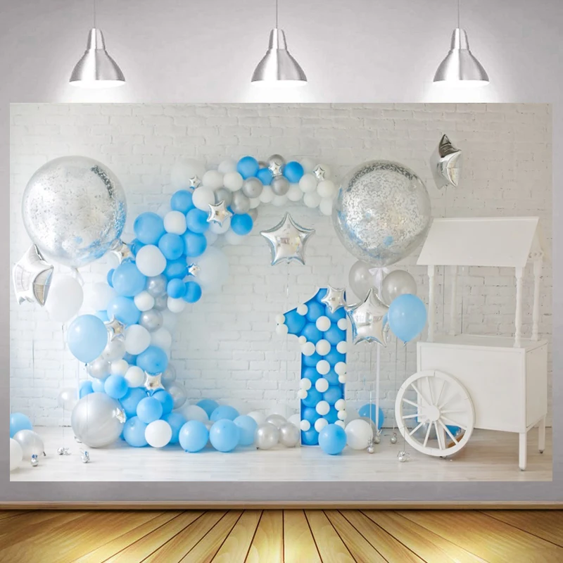 

Newborn Baby Shower 1st Birthday Photography Backdrop Cake Smash Balloon Background Child Blue Interior Studio Photocall Shoot