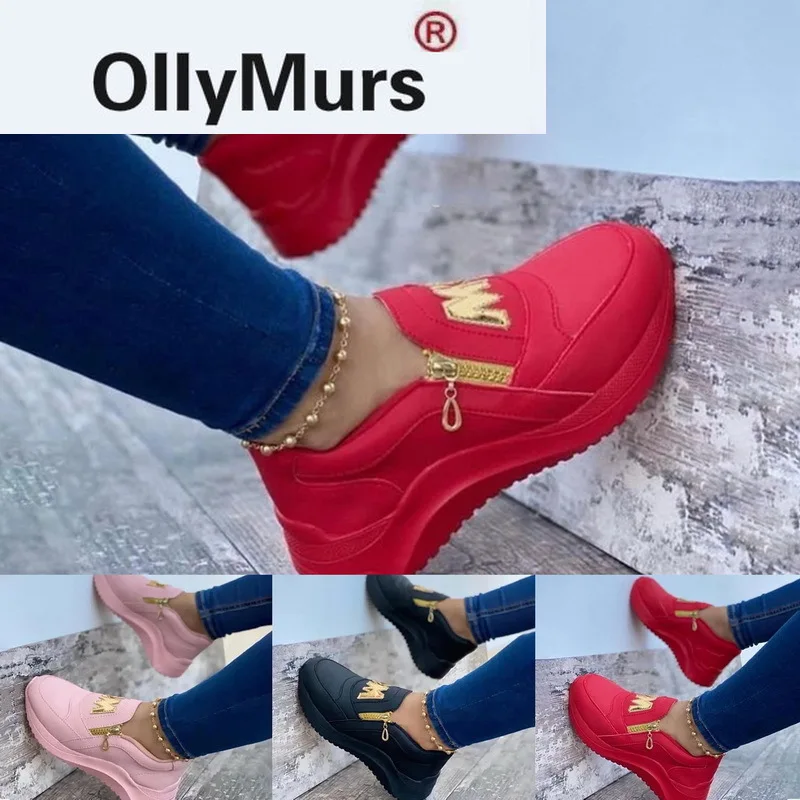 

Women Sport Shoes Thick Bottom Solid Color Ladies Vulcanized Sneakers Casual Wedge Walking Shoes Slip On Zipper Women Shoes