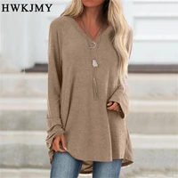 women fashion autumn and winter clothes casual solid color v neck long sleeve tops ladies loose tunic cotton plus size 8xl