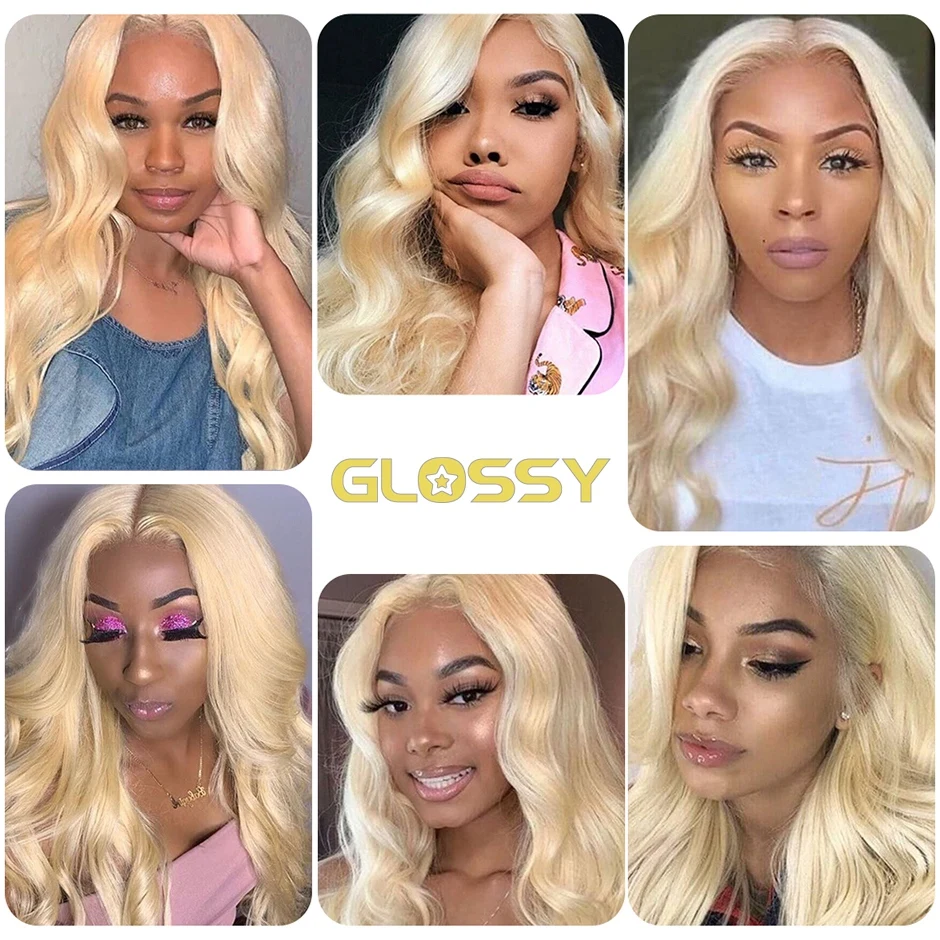 

GLOSSY 613 Body Wave Lace Front Human Hair Wig 13x4 Lace Frontal 150% Density Honey Blonde Pre Plucked Long Wig for Black Women