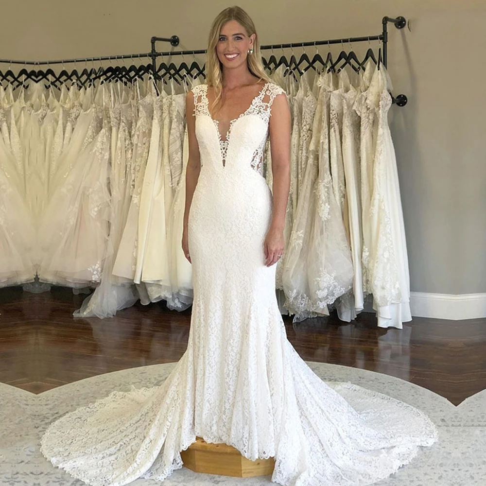 

Luxury Long Trail Mermaid Wedding Dresses Sexy Deep V Neck Full Lace Sheer Back Bridal Gowns 2022 Spring vestido de noiva