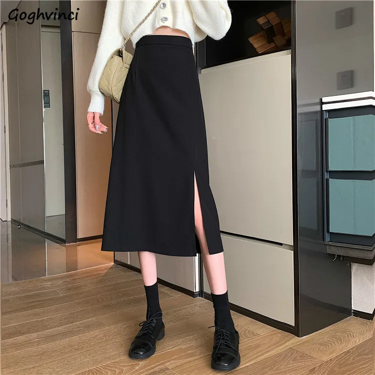 

Women Aline Skirts Simple Slim Elastic Waist Side-Slit Empire All-match Solid Mid-calf Korean Style Casual Elegant Office Ladies