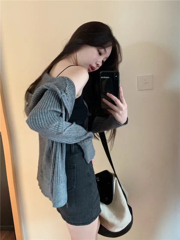 

Knitted Fashionable Cardigan Slim-Fit Camisole Open Rac