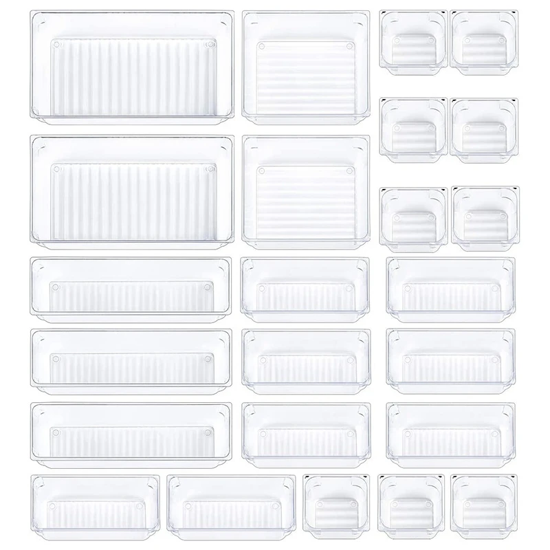 

24 Pcs Drawer Organizer Bathroom Desk Clear Drawer Trays Versatile Drawer Dividers 5 Size Storage Bins for Office