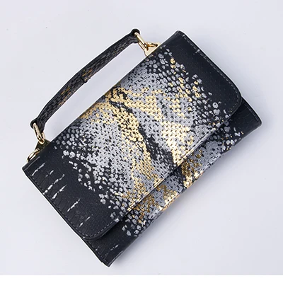 Large Bright Black Дизайнерские сумки на плечо из натуральной кожи питона и змеиной кожи, сумка через плечо на цепочке, новая модная трендовая сумка - Цвет: Large Bright Black