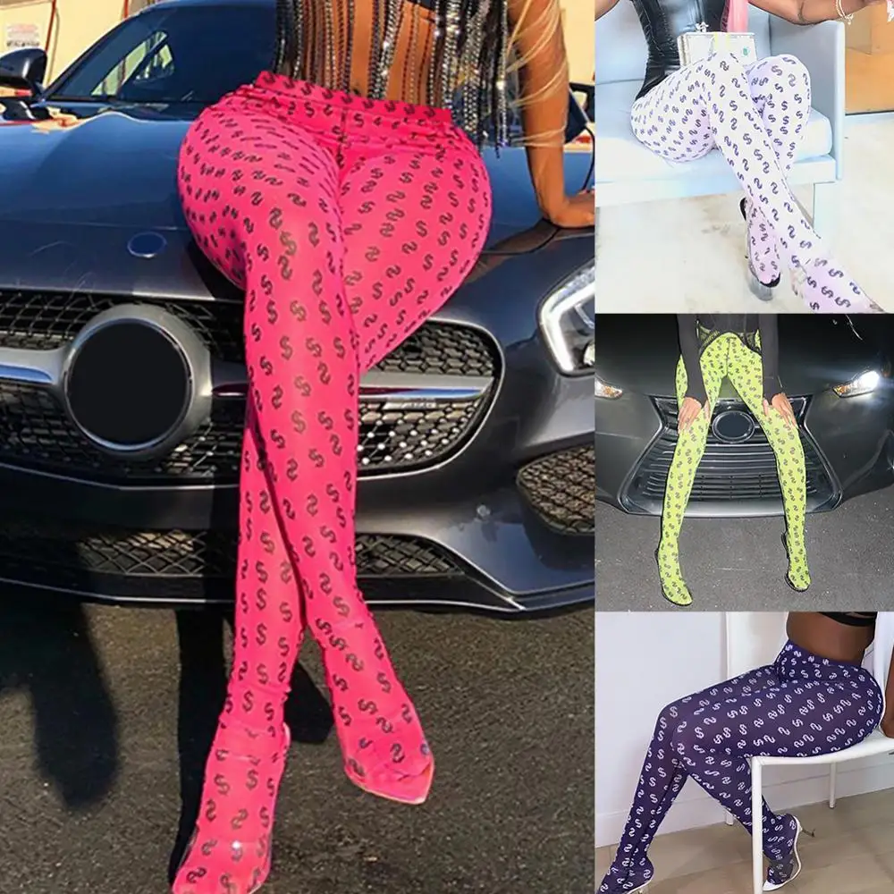 

Fashion Women Dollar Sign Print Skinny Pant Leggings Elastic Trouser with Sock