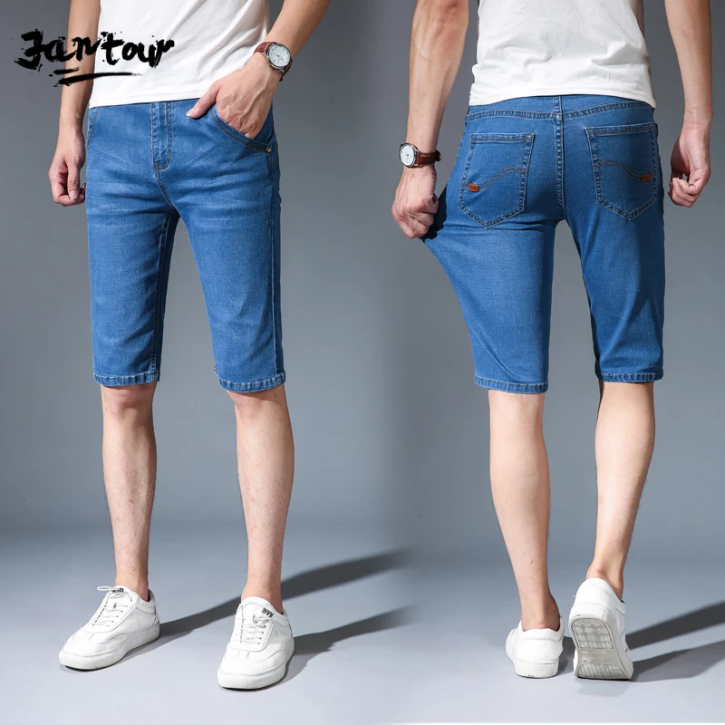 Мужские джинсовые шорты новинка 2019 эластичные из спандекса до колена светло