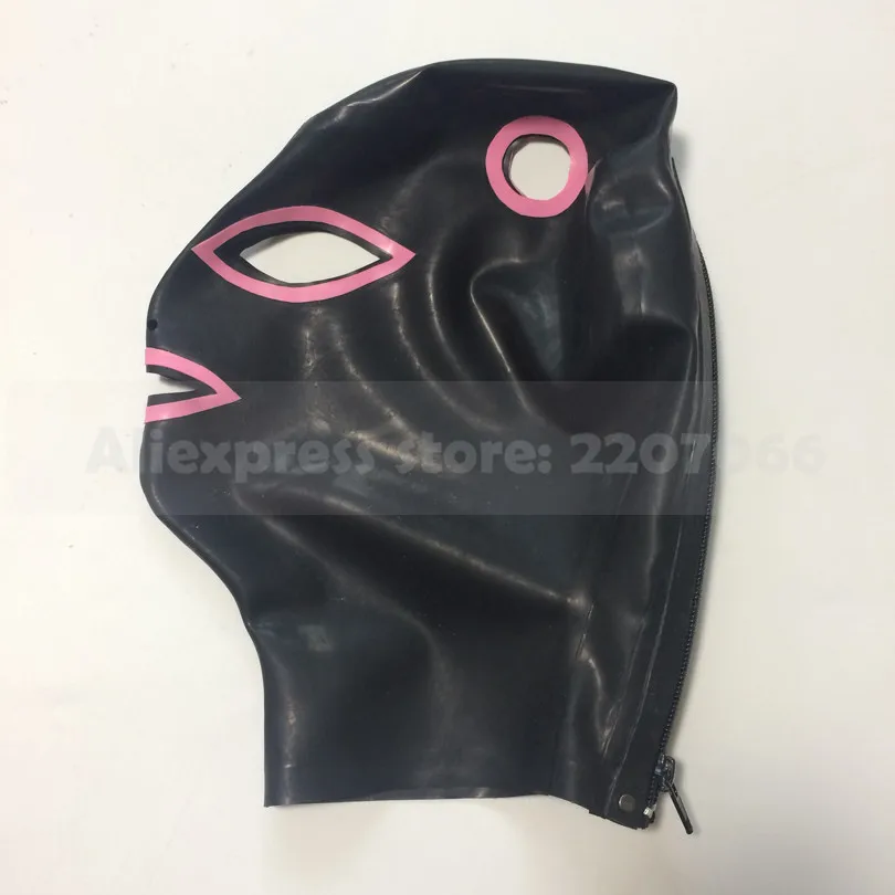 Черный и розовый планки резиновый капюшон из латекса с волосами пройти отверстия