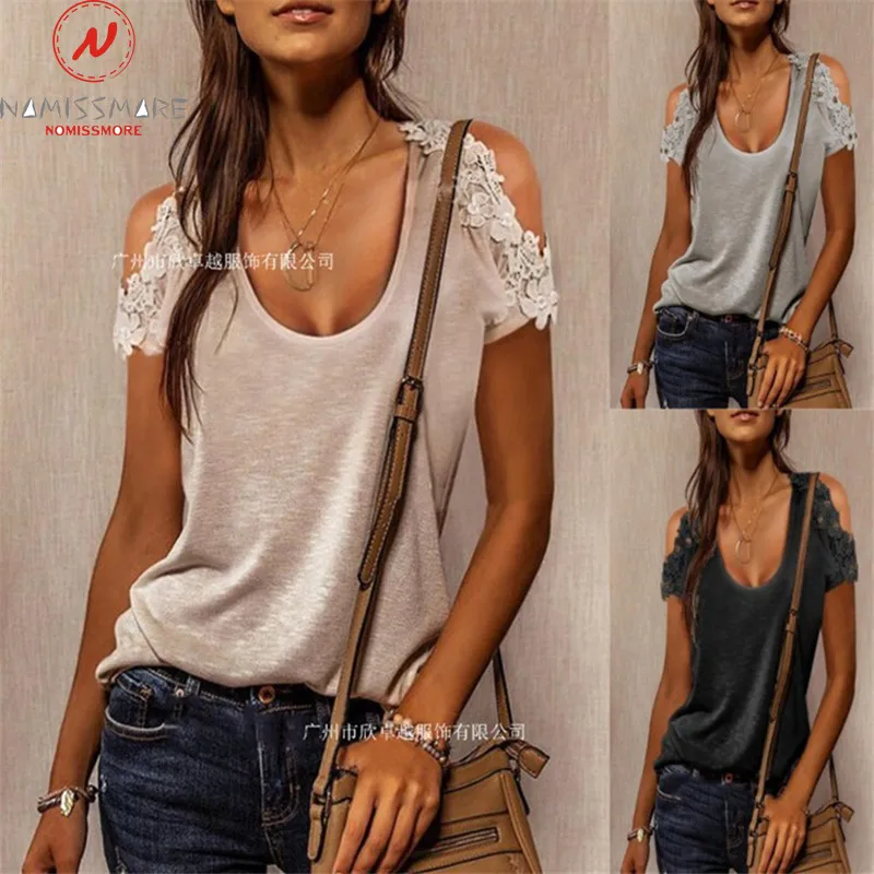 

Women Summer Solid Color T-Shirts Hollow Out Design Lace Deocr O-Neck Short Sleeve Casual Loose Pullovers Top for Streetwear