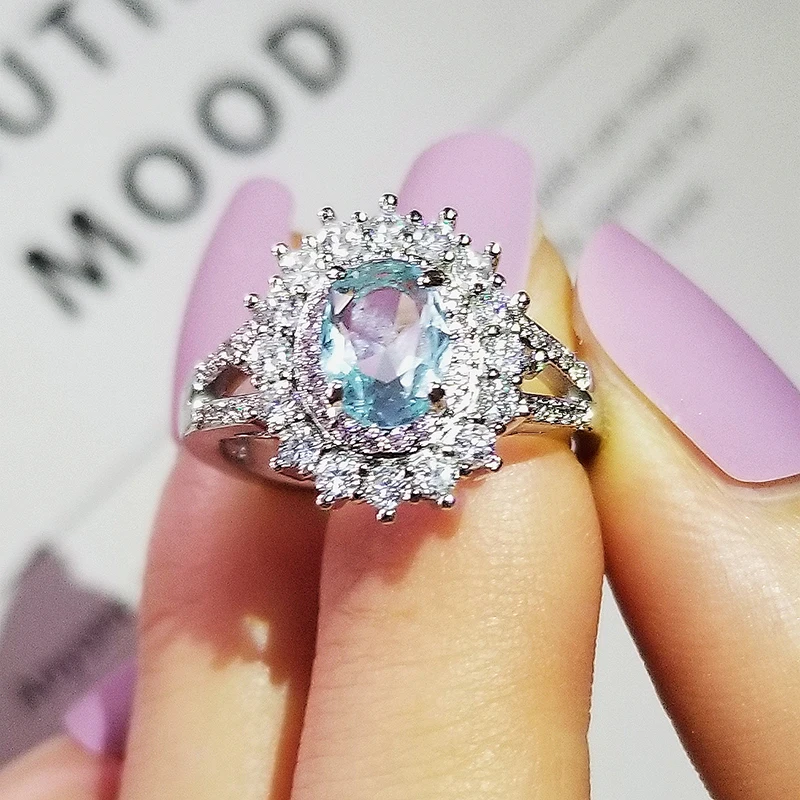 925 стерлингового серебра розовый голубой циркон обручальные кольца с камнями для