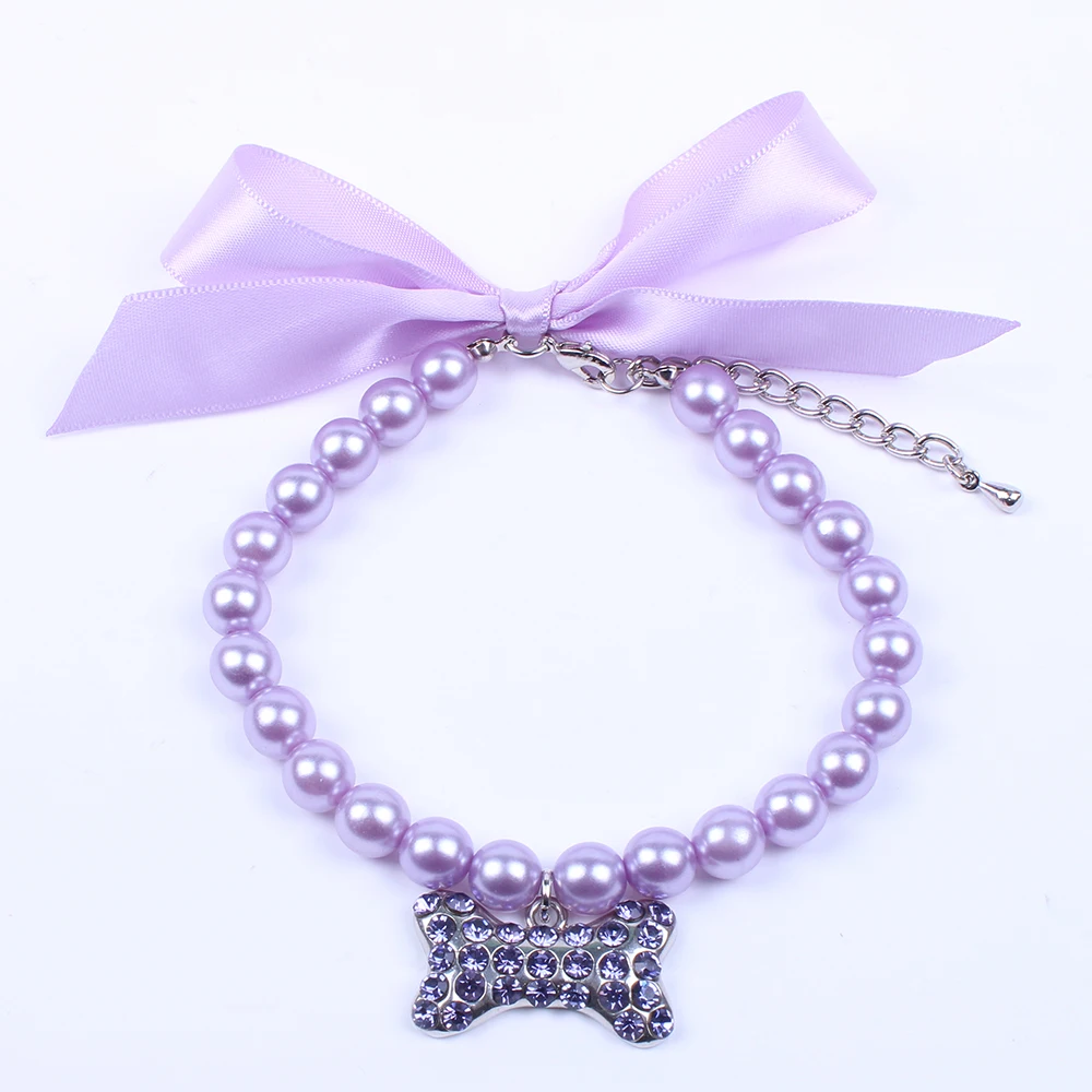 Purple Собака Кошка жемчуг ожерелье воротник Bling Стразы Подвеска с изображением кости питомца щенка Свадебные украшения для женщин щенка чихуахуа Йорк - Цвет: Purple