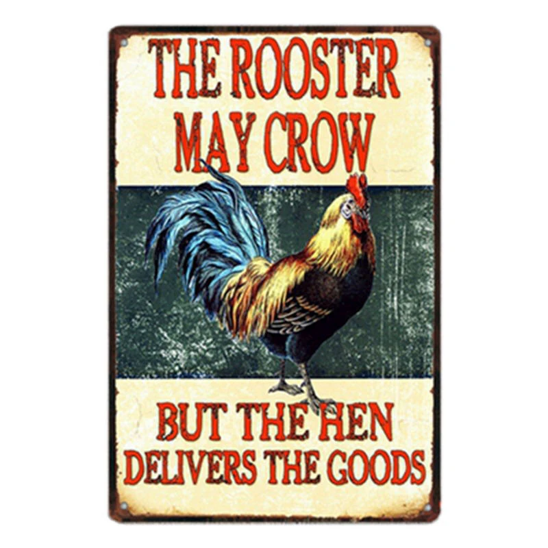 Петух может ворона но курица доставляет товары. Винтажный жестяной ретро знак
