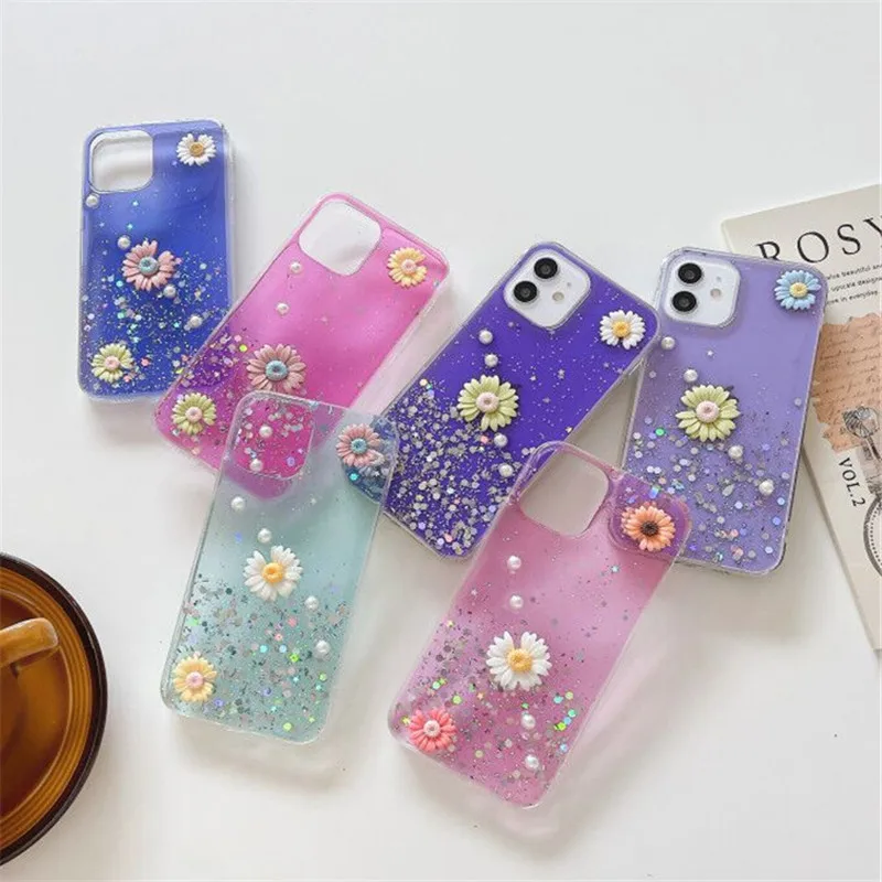 

Phone Caes Coque For Huawei Nova 8 SE Mate 40 30 20 P40 P30 P20 Pro Lite 3D Daisy Epoxy Glitter Anti-fall Shell Protective Cover