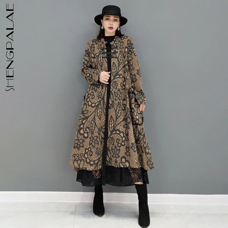 

SHENGPALAE Fashion Printed Trench Coat Women's Autumn 2021 New Round Neck Loose Single Breasted Long Sleeve Windbreaker Female