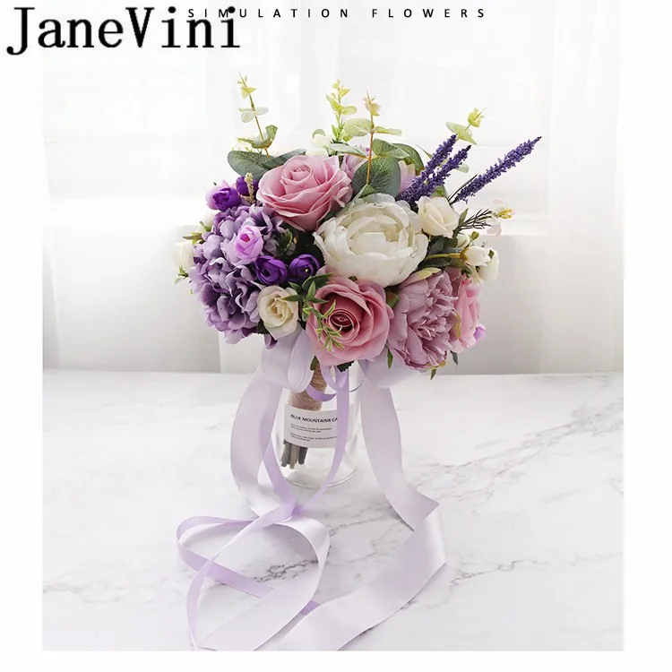 JaneVini Purple Artificial Wedding Flowers Bridal Bouquet Lavender Rose Mariage Romantic Bridesmaid Hand Holder Supplies | Свадьбы и