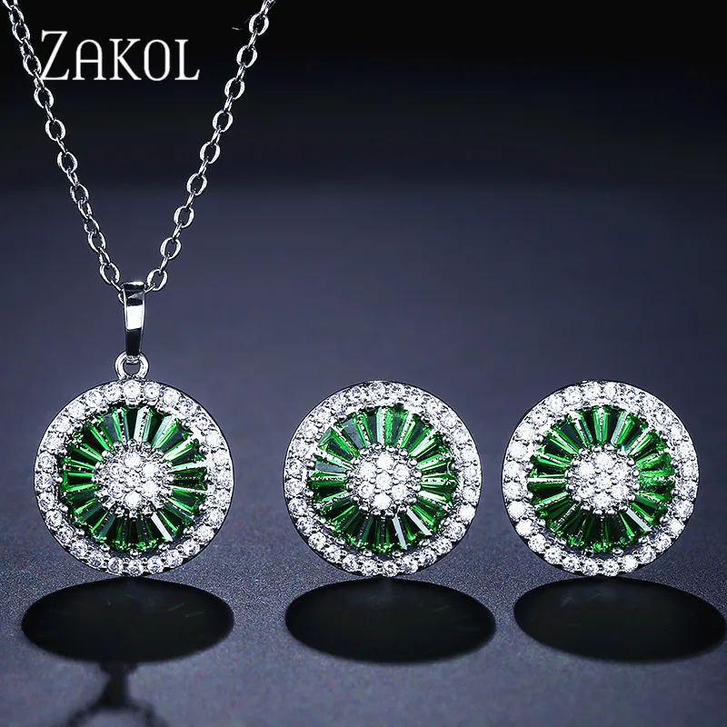 Green 2 Pcs Set ZAKOL высокое качество CZ Кристалл Женская мода ювелирные изделия блестящий круглый кубический циркон ожерелье серьги кольцо ювелирные изделия для невесты набор FSSP2013 - Окраска металла: Green 2 Pcs Set