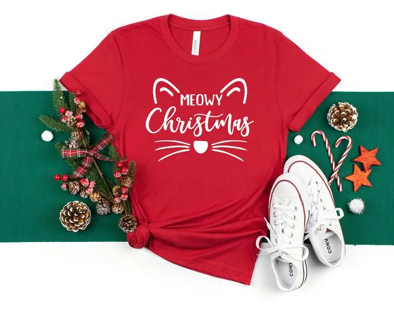 

Meowy Christmas рубашка, женская футболка с коротким рукавом Футболка 100% хлопковая Футболка со смешным буквенным принтом, рисунок, футболка с круг...