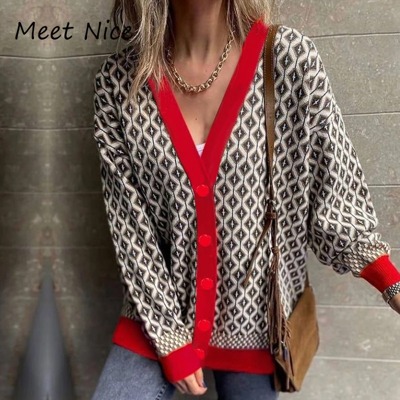 

Модный вязаный пуловер Y2K с рисунком ромбиками, свитер для женщин, вязаные повседневные зимние кардиганы с длинным рукавом и V-образным выре...