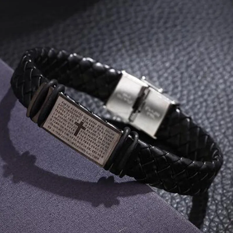 

New Design Men's Bracelets Trendy Jesus Christian Cross Engraved Stainless Steel Black Leather Braided Bangles Fashion Jewelry