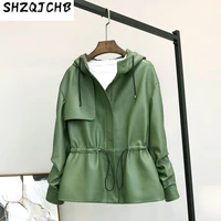 shzq leather clothes womens fashion sheep skin windbreaker coat waist hooded autumn and winter sale