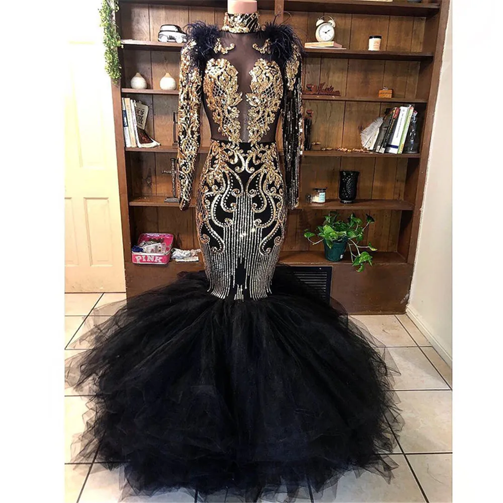 

Black Mermaid Long Prom Dress African Black Girl Sexy See Through Top High Neck Gold Sequin Long Sleeve Prom Dresses 2021