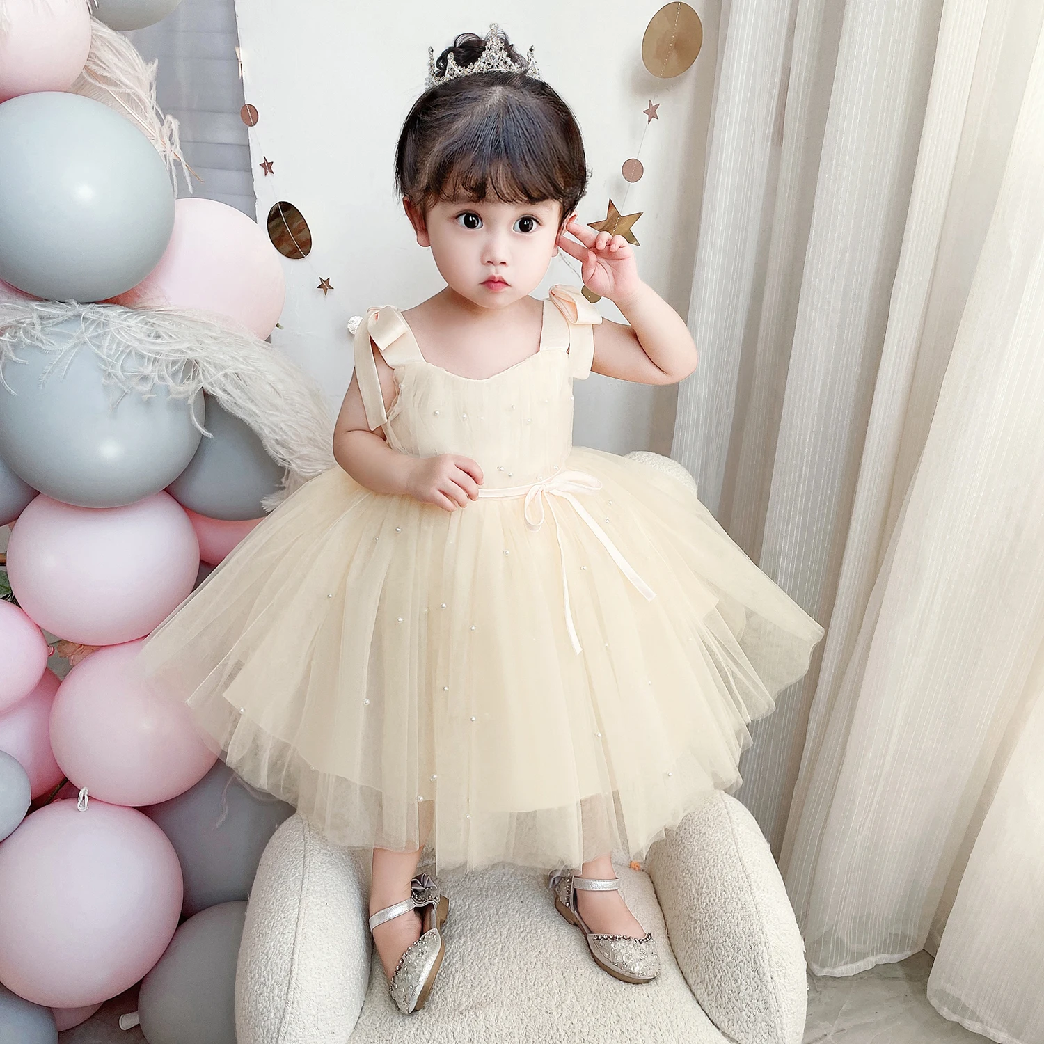 Baby Girl Tulle Dress Princess Party Tutu Fluffy Flower Wedding Champagne Gown Children Clothing Kids Clothes Vestidos | Детская одежда