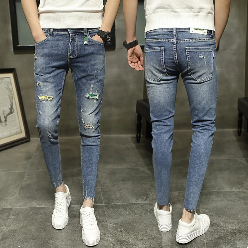 

2022 Fashion Denim Jeans Men's Slim Feet Pencil Pants Trend Korean All-match Pants Scratched Holes Ankle Length Trousers