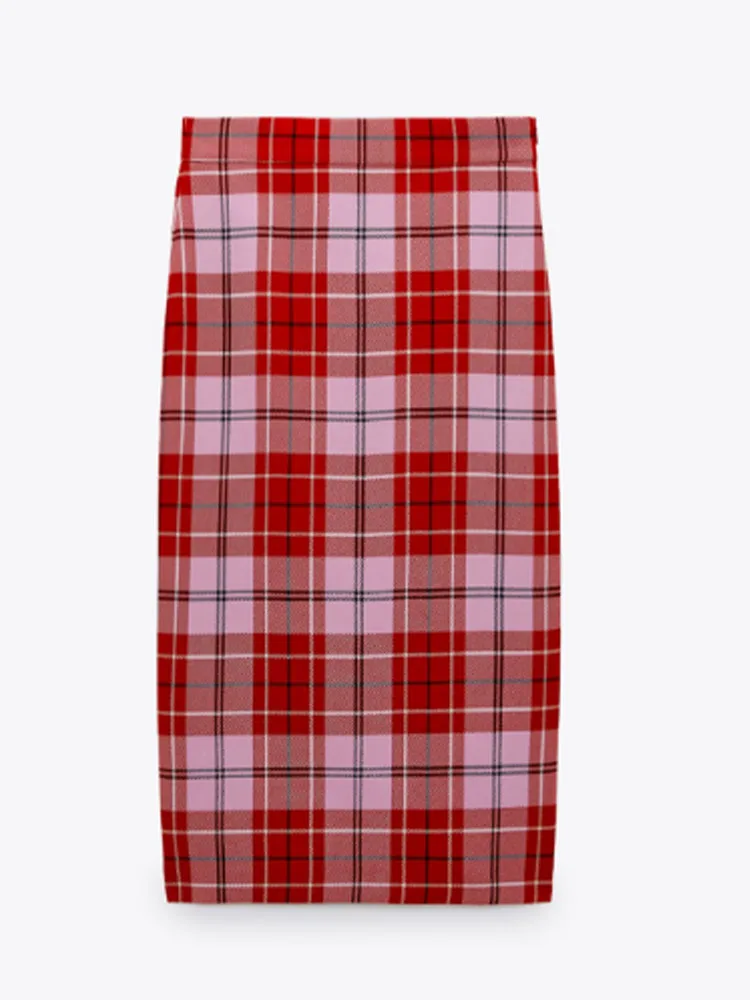 2021 Spring new women's clothing simple high waist split design mid-length plaid red skirt