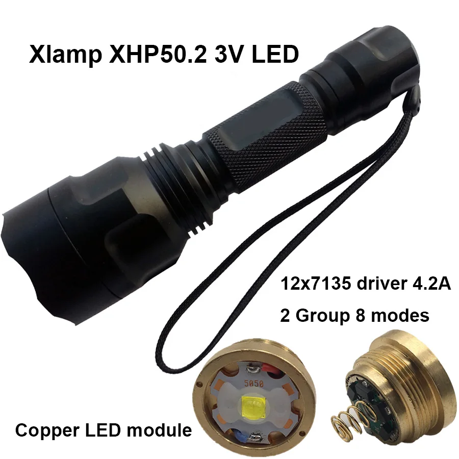 Мощный фонарик C8 модуль из чистой меди 7135 лм XHP50.2 светодиодный драйвер 12x18650 а XHP50