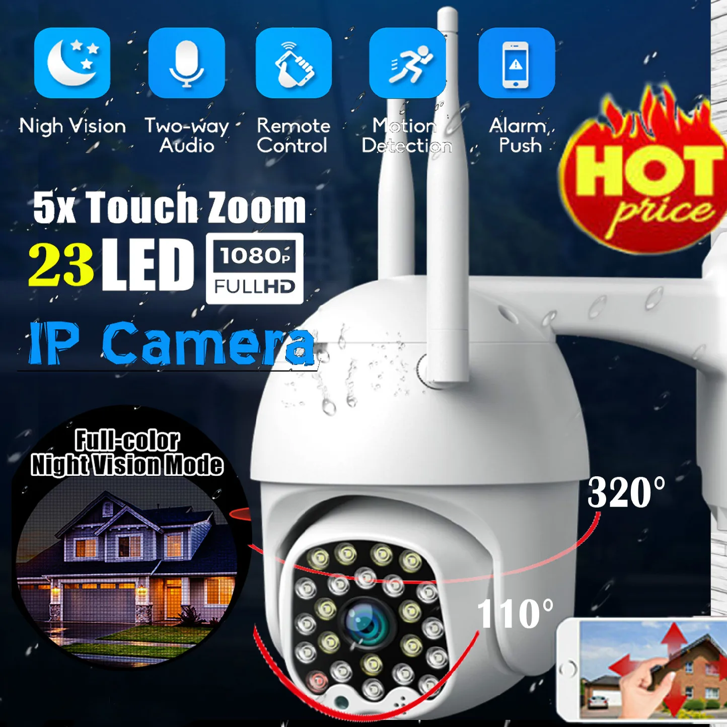 Горячая 1080P HD IP водонепроницаемая камера видеонаблюдения Открытый WiFi PTZ Безопасности Беспроводная инфракрасная камера