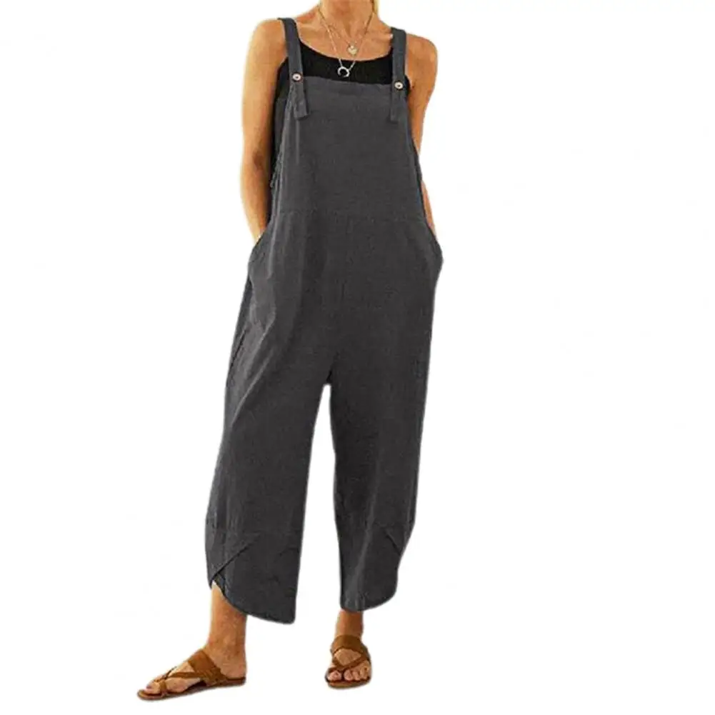 

Wide Leg Playsuits Suspenders Bib Jumpsuit Solid Color Loose Leisure Women Shoulder Strap Pockets Romper for Women's Workwear