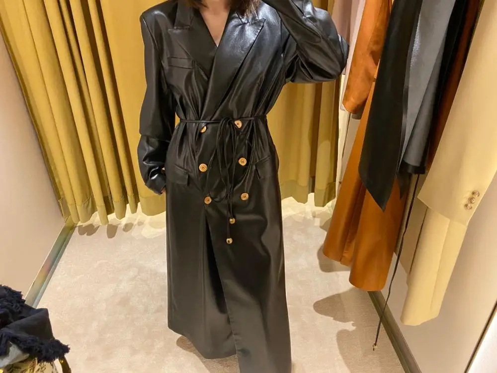 

Women's Long Trench Coat Imitation Leather Double Breasted Lace-up Windbreaker