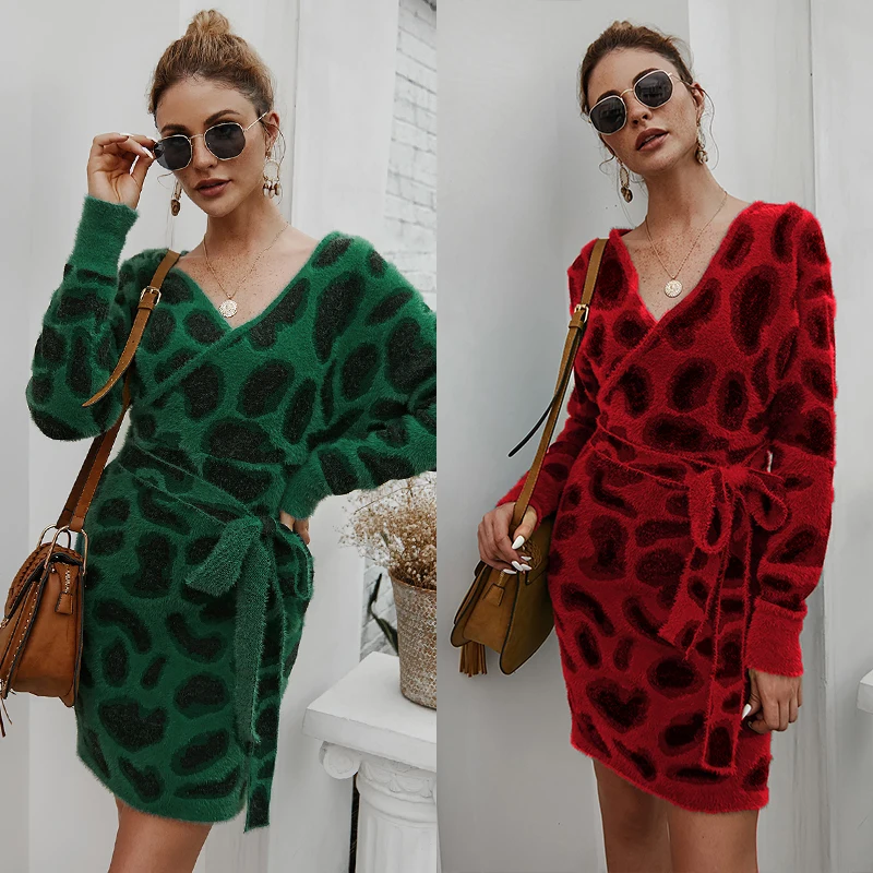 

Vintage leopard knitted sweater dress autumn winter office lady elegant long sleeve dress women soft warm dress casual vestidos